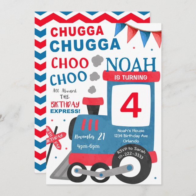 Convite Aniversário do Comboio Vermelho Azul com Aquarela (Frente/Verso)