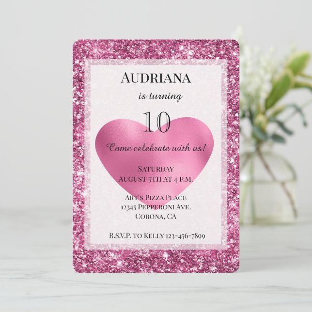 Convite Aniversário do Coração do Glam Glam Rosa (Em pé/Frente)