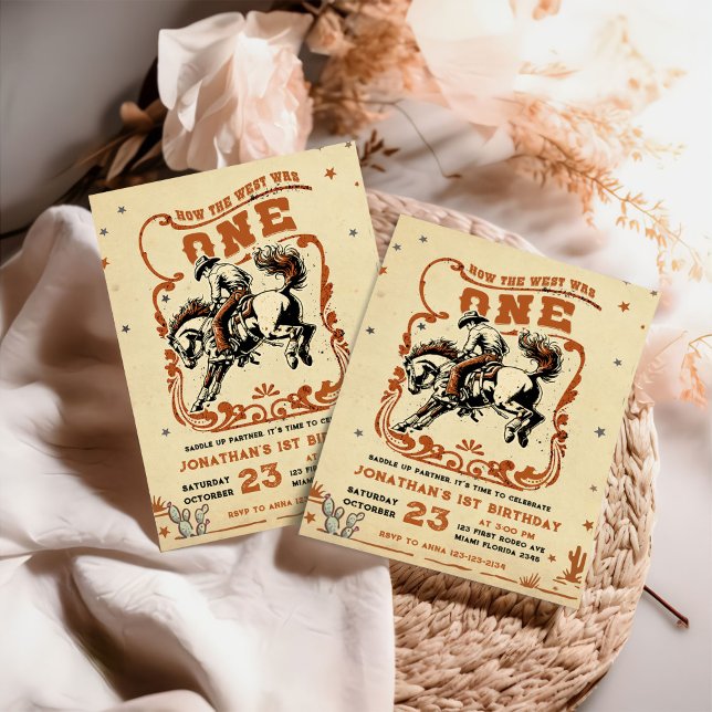 Convite Aniversário do cowboy ocidental retrô 1rua (Criador carregado)