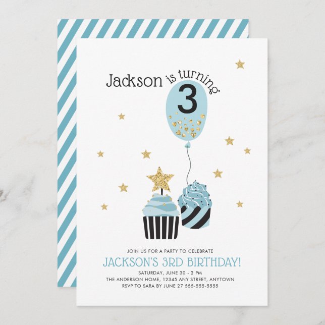 Convite Aniversário do cupcakes e Balão Faux Glitter Boy (Frente/Verso)