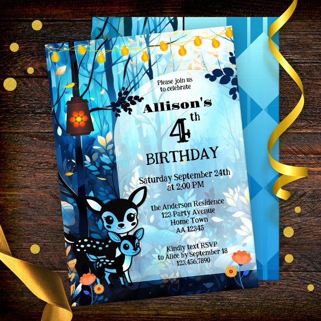 Convite Aniversário do Cute Deer Autumn Kid (Cute autumn kids birthday party invitation featuring two cute deer in a forest with festive lights)