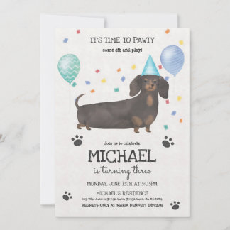 Convite Aniversário do Dachshund Blue Lets Pawty
