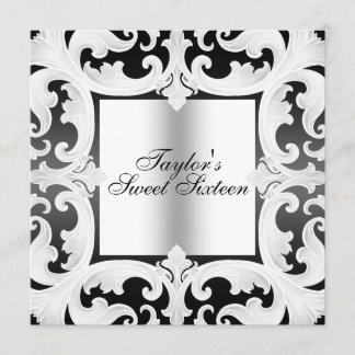 Convite Aniversário do Damask Design de Black/White Sweet1