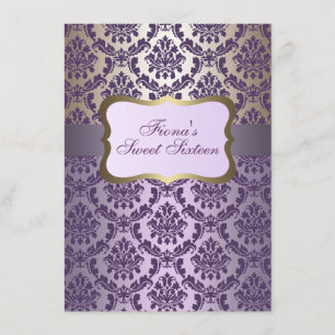 Convite Aniversário do Damask Roxo e Dourado Elegante