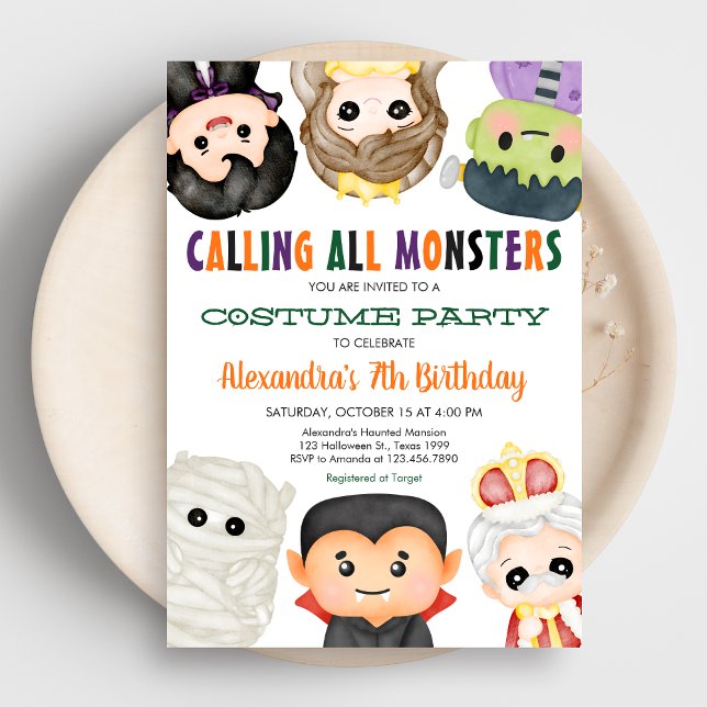 Convite Aniversário do Dia das Bruxas de Figuras Spooky (Calling All Monsters Costume Halloween Birthday Party Invitation)
