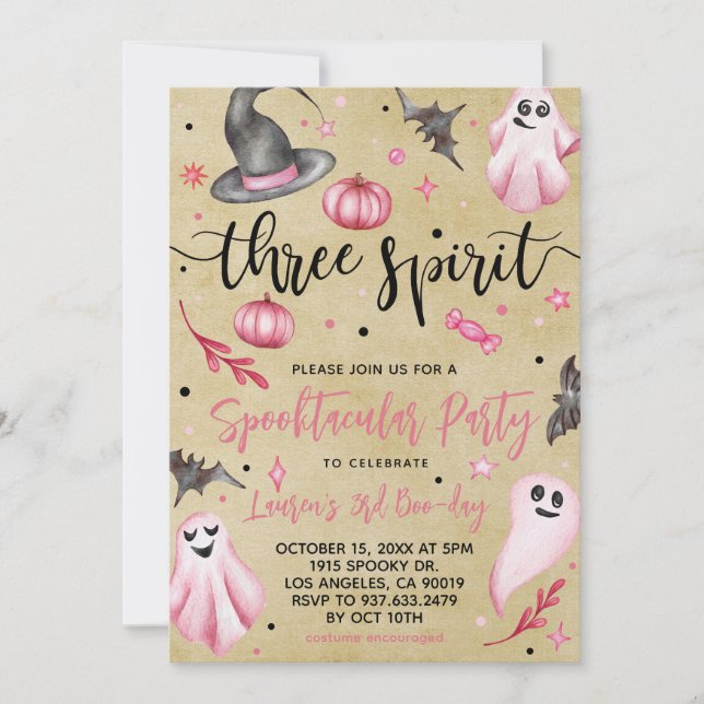 Convite Aniversário do Dia das Bruxas de Três Espirituosas (Frente)
