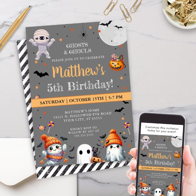 Convite Aniversário do Dia das Bruxas do Partido Fantasma  (Spooktacular halloween birthday party invitations for costume party cute ghost theme party invites)