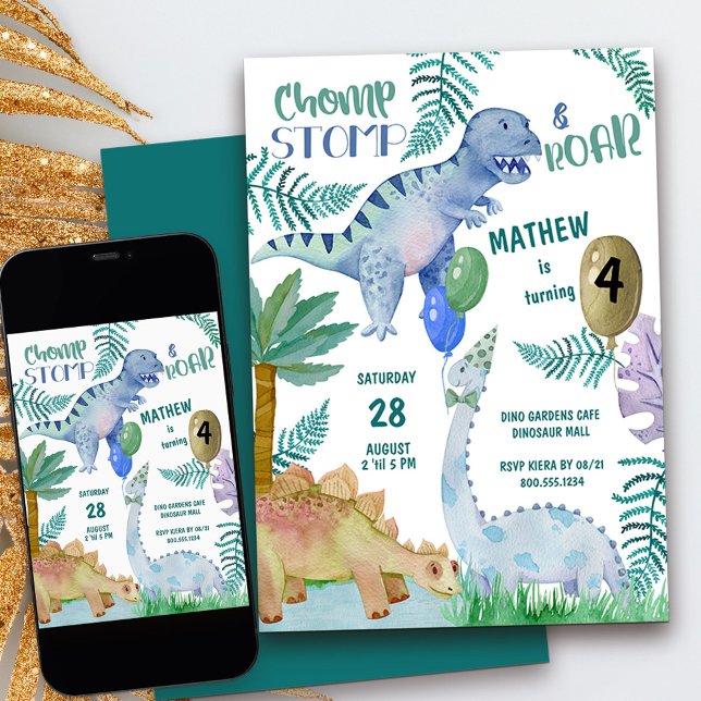 Convite Aniversário do Dinossaur Stomp Chomp e Roar Boy (4th birthday dinosaur invitation with personalized chomp stomp & roar rhyme)
