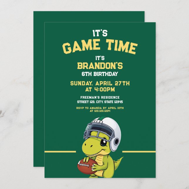 Convite Aniversário do Dinossauro de Futebol Verde e Amare (Frente/Verso)