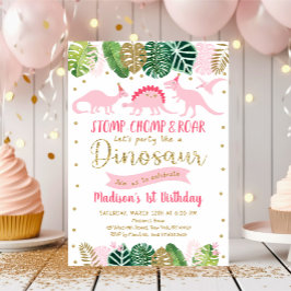 Convite Aniversário do Dinossauro Dourado Rosa
