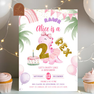 Convite Aniversário do Dinossauro Pastel Rosa 2-rex Rawr
