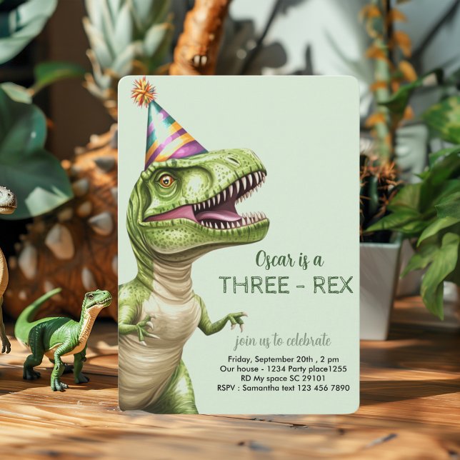 Convite Aniversário do Dinossauro Três Rex | Green Dino (Criador carregado)