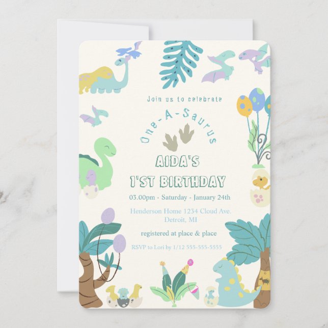 Convite Aniversário do Dinossauro Um-A-Saurus (Frente)