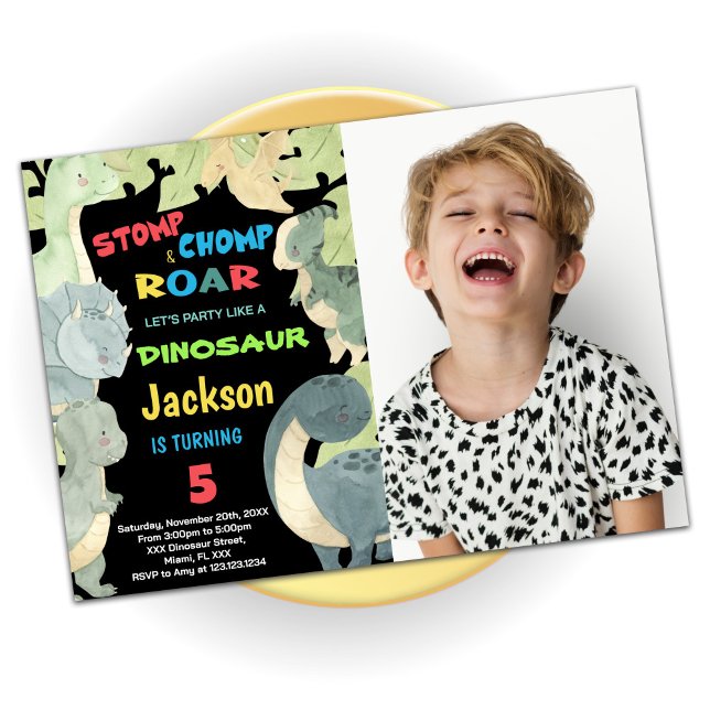 Convite Aniversário do Dinossauro Verde Amarelo com Foto (Yellow Blue Green Dinosaur Birthday With Photo Invitation)
