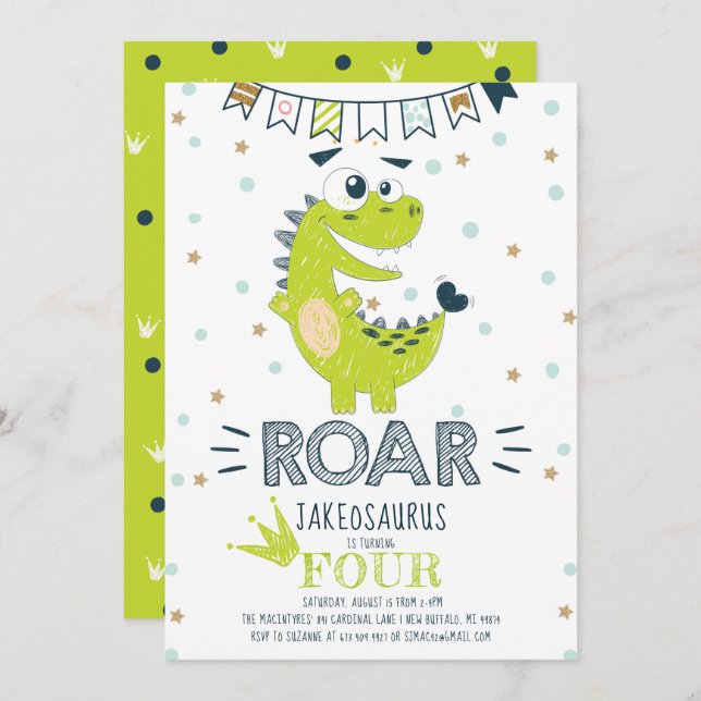 Convite Aniversário do Dinossauro Verde da ROAR (Frente/Verso)