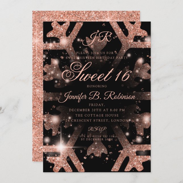 Convite Aniversário do Doce do Inverno de Rosa Dourado (Frente/Verso)