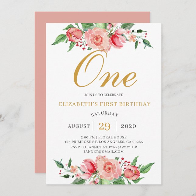 Convite Aniversário do Dourado Cor de Água Rosa com Blush  (Frente/Verso)