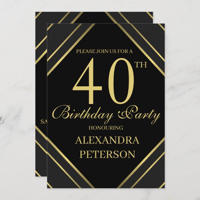 Convite Aniversário do Dourado e Negro Moderno (Frente/Verso)