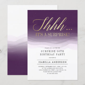Convite Aniversário do Dourado e Real Purple Watercolor Su