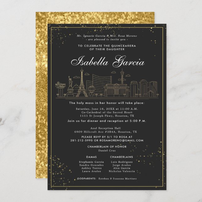 Convite Aniversário do Dourado Glitter Las Vegas Quinceañe (Frente/Verso)