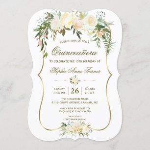 Convite Aniversário do Dourado Ivory Blush Floral Quinceañ