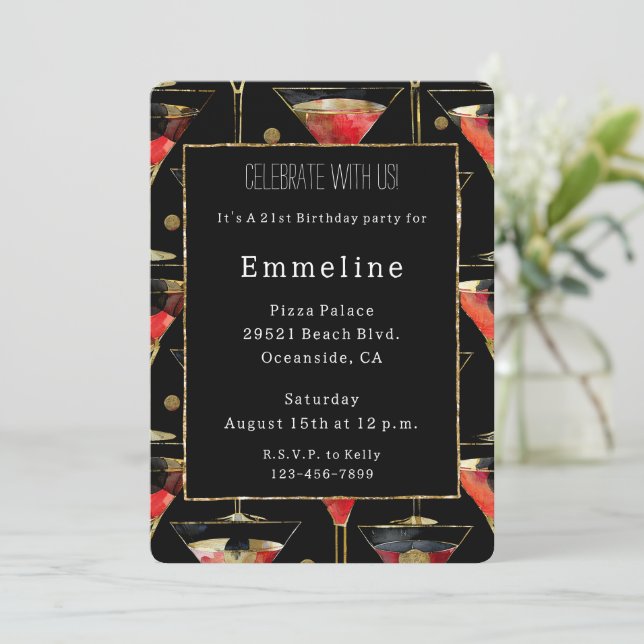 Convite Aniversário do Dourado Martini Vermelho Negro (Em pé/Frente)