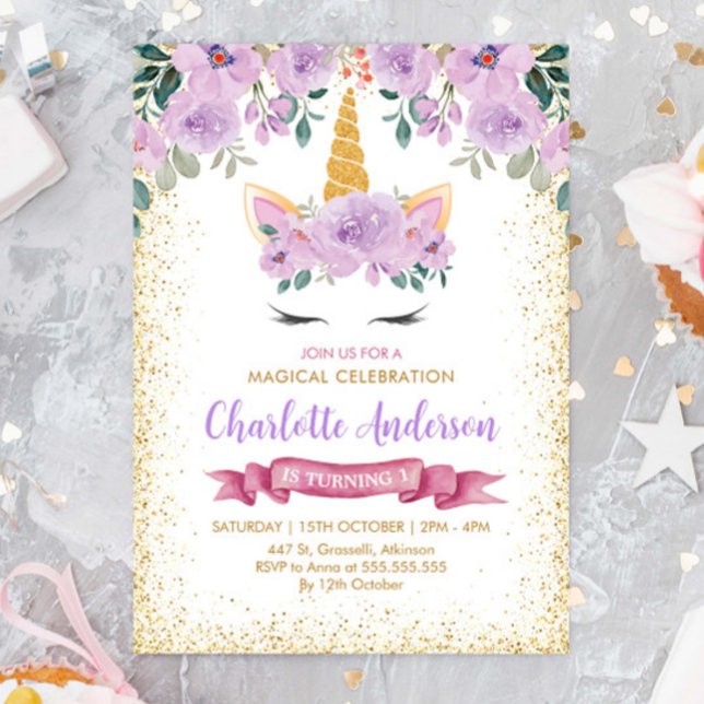 Convite Aniversário do Dourado Teal Purple Floral Unicorn (Criador carregado)