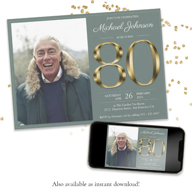 Convite Aniversário do Dourado Text Sage Green Classy Phot (80th Gold Text Sage Green Classy Photo Birthday Invitation)