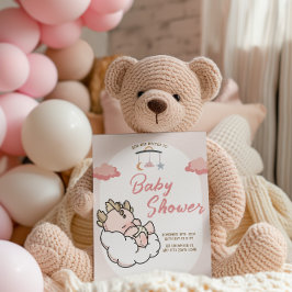 Convite Aniversário do Dragão Bebê-Nuvem Rosa-Pastel