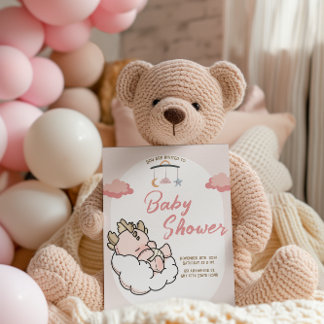 Convite Aniversário do Dragão Bebê-Nuvem Rosa-Pastel