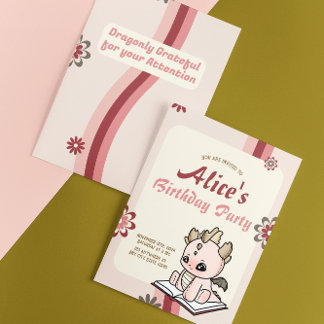 Convite Aniversário do Dragão Bebê Pano Amarelo Retro-Rosa