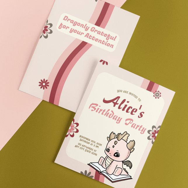 Convite Aniversário do Dragão Bebê Pano Amarelo Retro-Rosa (Criador carregado)