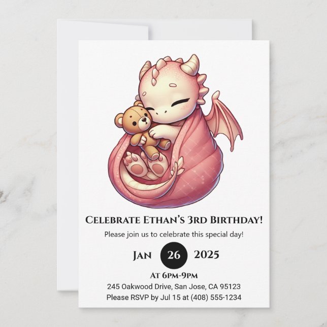 Convite Aniversário do Dragão Rosa fofinho (Frente)