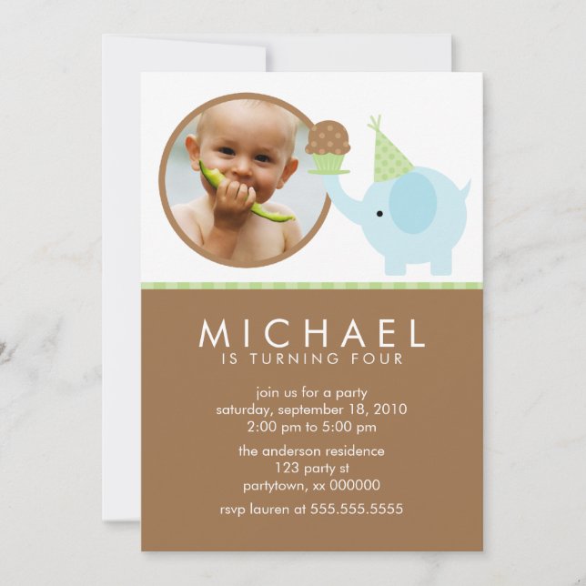 Convite Aniversário do Elefante Azul e Cupcake (Frente)