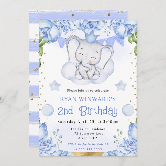 Convite Aniversário do Elefante Cinto e Rosas Azuis (Frente/Verso)