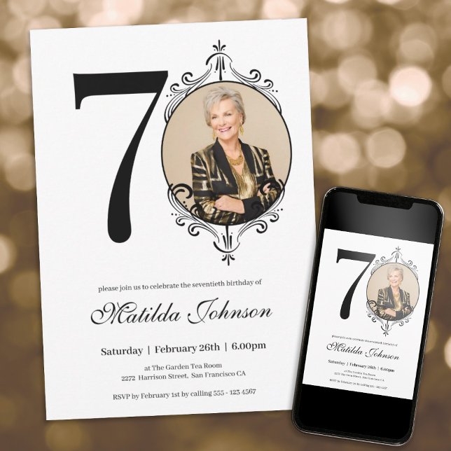Convite Aniversário do Elegant Custom Photo Black White 70 (70th Birthday Black White Elegant Custom Photo Invitation)