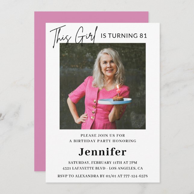 Convite Aniversário do Elegant Modern Pink Photo 81rua (Frente/Verso)