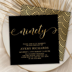 Convite Aniversário do Elegant Ninety Dourado Script Black