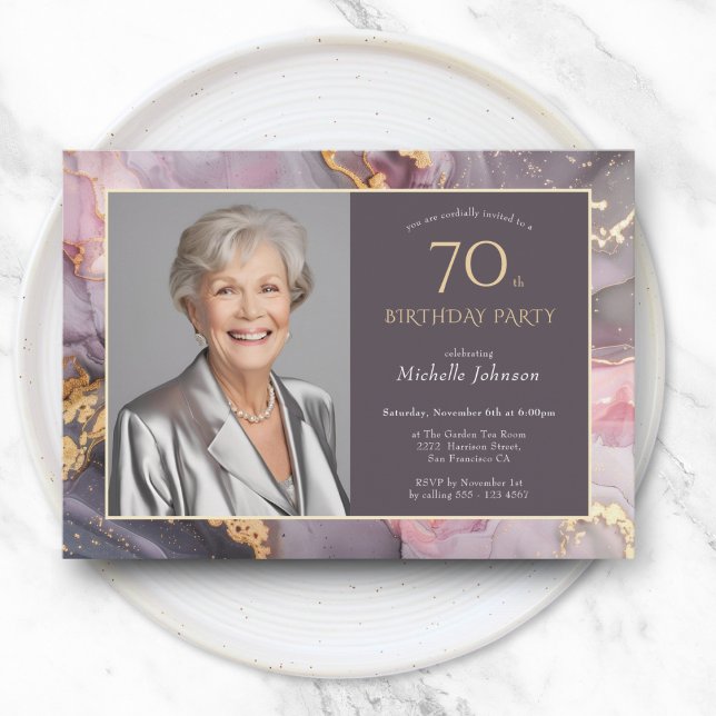 Convite Aniversário do Elegant Pink Dourado Photo 70 (Elegant Pink Gold Photo 70th Birthday Invitation)