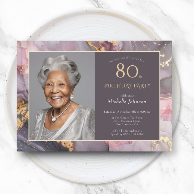 Convite Aniversário do Elegant Pink Dourado Photo 80 (Elegant Pink Gold Photo 80th Birthday Invitation)