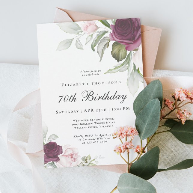 Convite Aniversário do Elegant Watercolor Botanical 70 (A beautifully feminine 70th birthday party invitation - available as printed or digital download!)