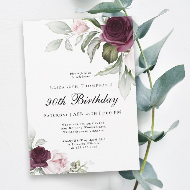 Convite Aniversário do Elegant Watercolor Botanical 90 (Celebrate 90 in beautiful style with this lovely watercolor floral invitation.)