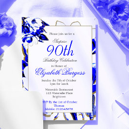 Convite Aniversário do Elegante 90 Floral Azul e Primavera