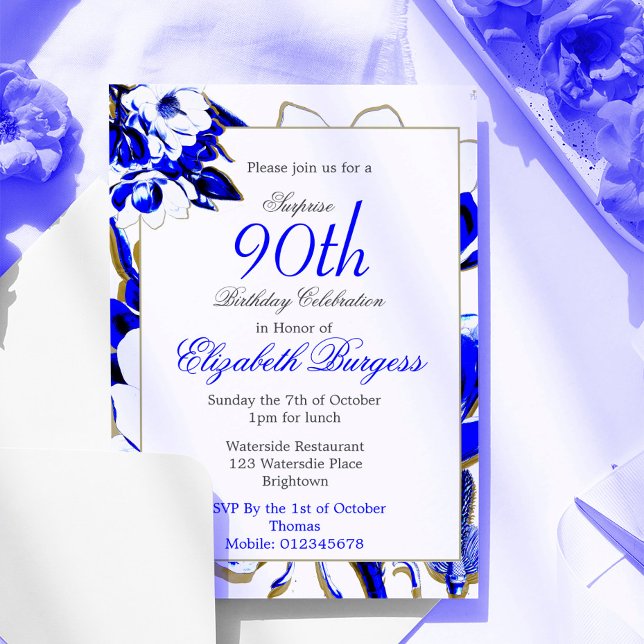 Convite Aniversário do Elegante 90 Floral Azul e Primavera (Criador carregado)