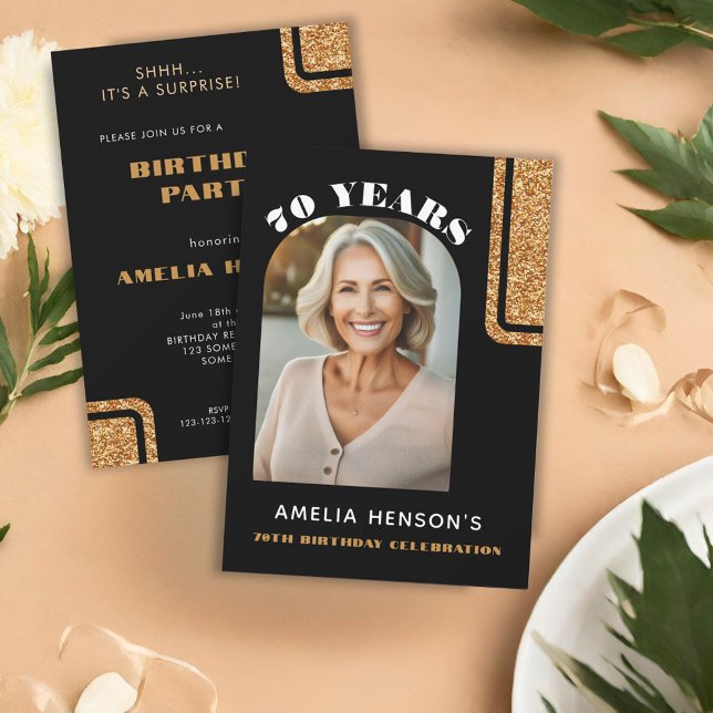 Convite Aniversário do Elegante Black Dourado Glitter Phot (Criador carregado)