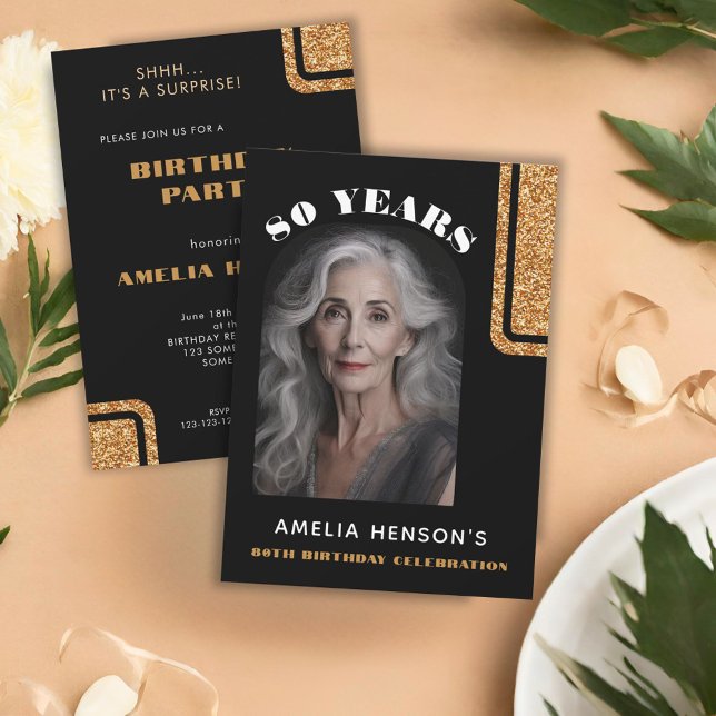 Convite Aniversário do Elegante Black Dourado Glitter Phot (Criador carregado)
