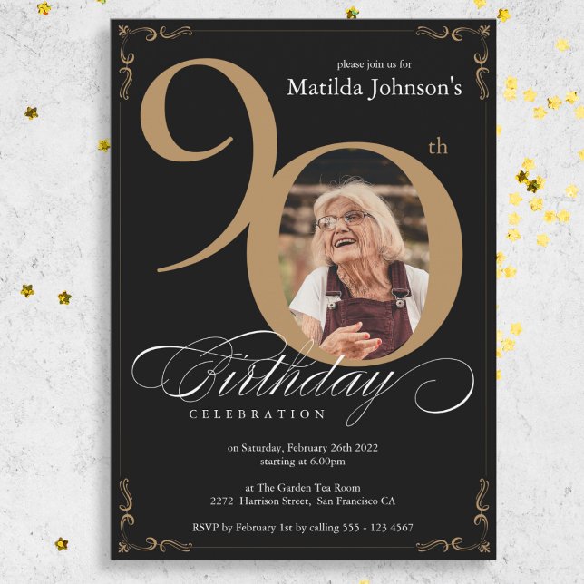 Convite Aniversário do Elegante Black Dourado Photo Custom (Elegant Black Gold Photo Custom 90th Birthday Invitation)