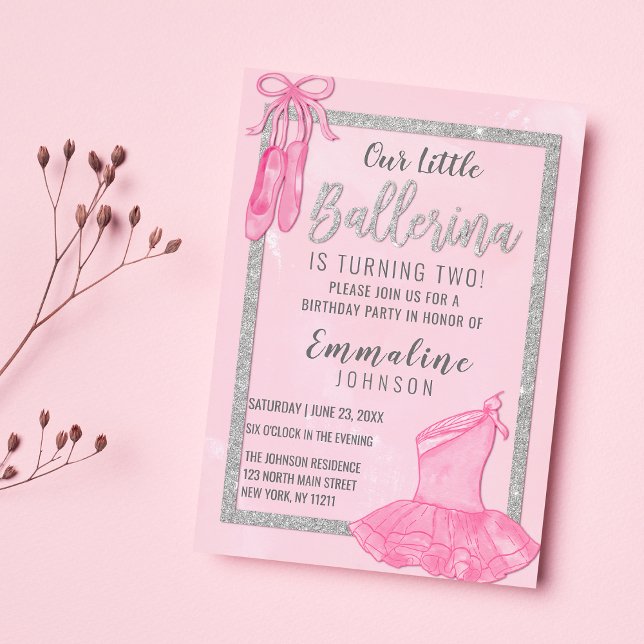 Convite Aniversário do Elegante cor-de-prata rosa bailarin (Elegant pink silver ballerina watercolor Birthday)
