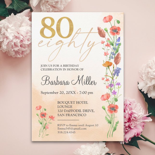 Convite Aniversário do Elegante Dourado Floral 80 - 80 Ano (Criador carregado)
