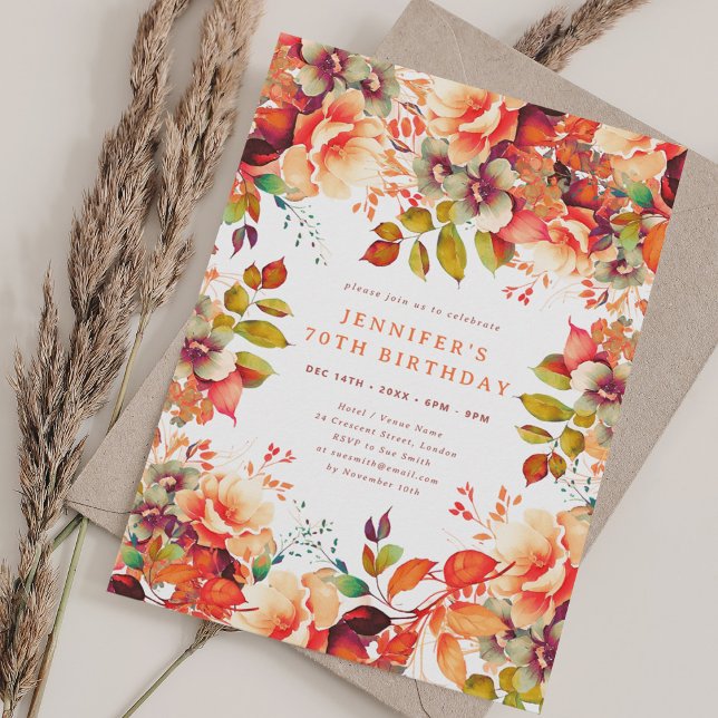 Convite Aniversário do Elegante Fall Autumn Watercolor Flo (Elegant Fall Autumn Watercolor Floral 70 Birthday Invitation)